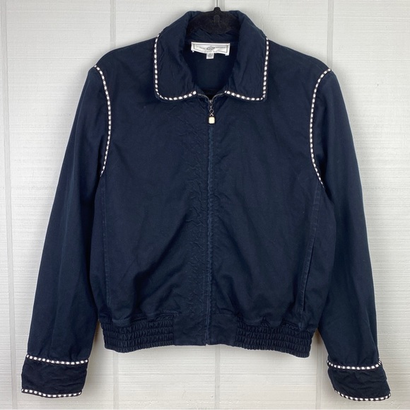St. John Sport by Marie Gray Black Zip Up Bomber Jacket White Stitching Trim P - Picture 1 of 8